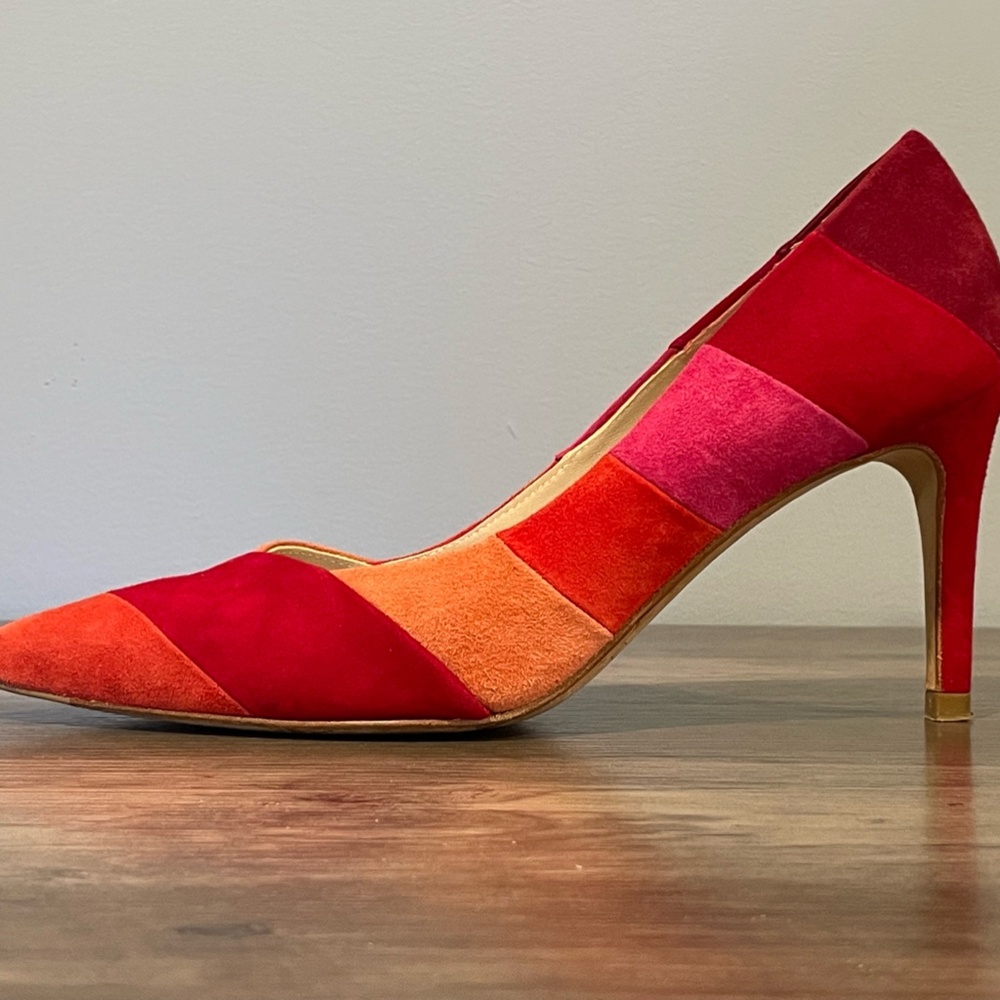 LK Bennett Red and Orange Suede Patchwork Pointed-Toe Heels